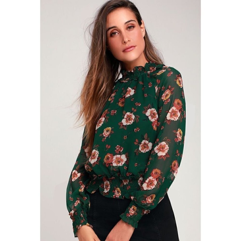 JOA Alia‎ Green Floral Sheer Smocked Waist Mock Neck Long Sleeve Blouse S